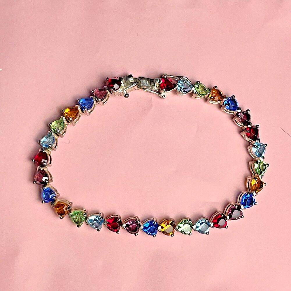Cenox 925 Sterling Silver Multicolor Heart Bracelet Rainbow CZ Link Bracelet